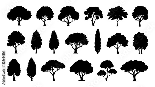 Set of various tree silhouettes, isolated vector illustration for architectural plans, landscaping design, and environmental graphic elements.