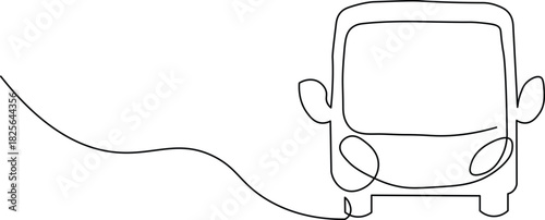 Sleek continuous line drawing of a cute bus with a dynamic road design element for travel concepts or creative minimalist transportation themes on white background
