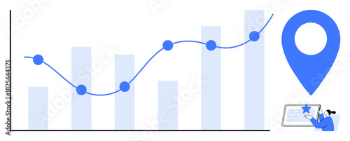 Bar chart with line graph trend, large blue location marker, and document with a star. Ideal for data analysis, location tracking, growth, business planning, reporting, market research