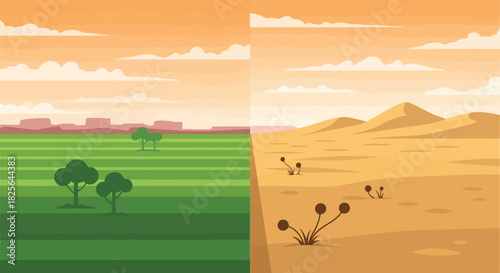 Green landscape vs. desertification vector illustration Vector, illustration