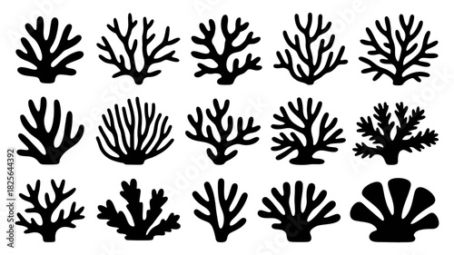 Collection of diverse coral and ocean plant silhouettes, a versatile vector set representing underwater reef life and marine ecosystems elements