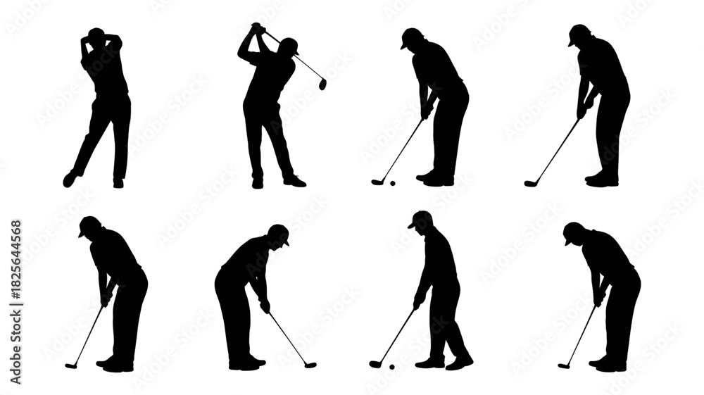 Obraz premium Dynamic golf swing sequence illustration, depicting a male golfer's full motion from backswing to follow-through, perfect for sports design.