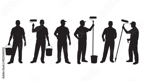 Professional painter silhouettes set with various tools, illustrating home renovation, wall decoration, and skilled workmanship for service promotion