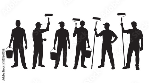 Professional painters team silhouettes with paint rollers and buckets, symbolizing renovation, home improvement, and skilled labor services.