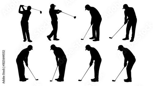 Golf swing silhouette sequence: eight stages of a male golfer's motion, illustrating the dynamic technique and form on a white background