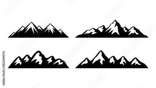 Collection of four distinct black mountain range silhouettes with sharp peaks and rugged terrains, ideal for nature, adventure, and outdoor designs
