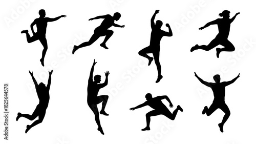 Dynamic human silhouettes set depicting various active poses like jumping, running, and climbing, isolated on a clean background, ideal for sports.