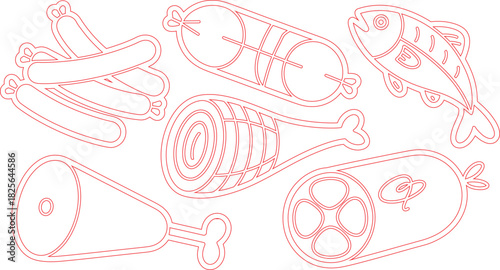Red outline illustration of sausage, ham, fish and cured meat products against a white background