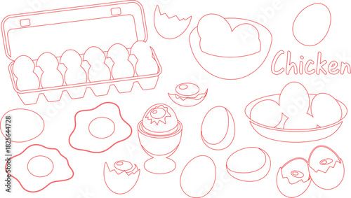 Red Outline Illustration Raw Eggs in Carton, Bowl, Stand, Fried and Chicken Lettering