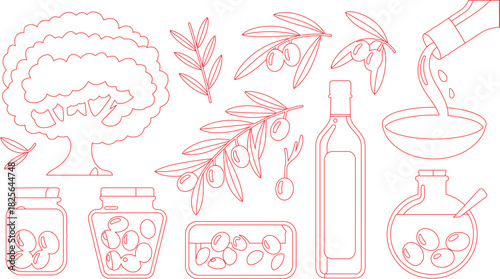 Red Outline Illustration Olive Tree, Branches, Oil Pouring, Olive Oil Bottle, and Jars