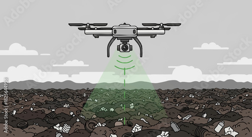 Drone flying over dump site, environmental drone scan with aerial waste survey and landfill monitoring scene, suitable for poster design, article header, and eco-themed product mockup.