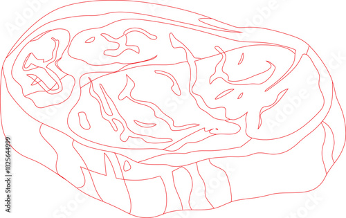 Red Outline Illustration TBone Steak with Marbling and Connective Tissue Depiction on White Background
