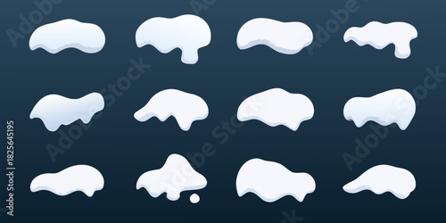 Set of cartoon snow caps and snowdrifts on dark background