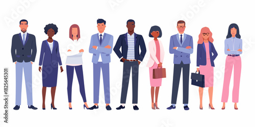 Diverse group of business professionals standing together in a row isolated