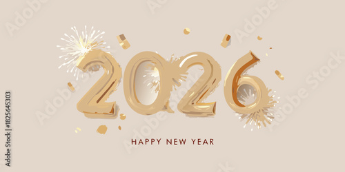 Happy new year 2026 celebration with gold balloon numbers and confetti