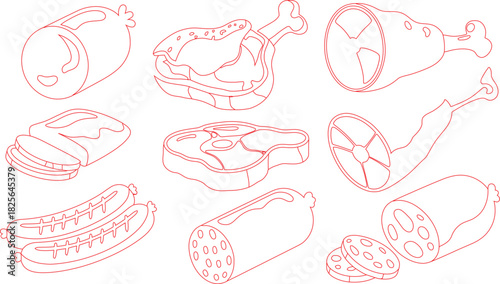 Red Outline Illustration Variety of Meats Including Sausages, Ham, Steak, and Chicken Leg on White Background