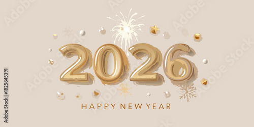 Happy new year 2026 greeting card with gold balloons and festive decorations