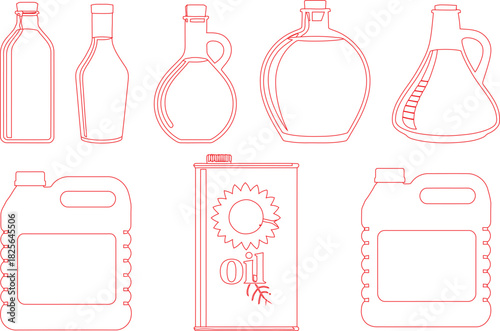 Red Outline Illustration Variety of Oil Containers Bottles, Jugs, and a Can