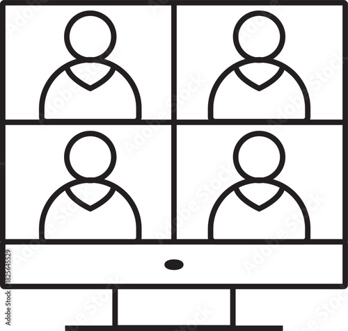 A line art icon of a computer monitor displaying a video conference call with four participants.