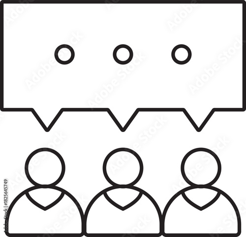 Line art icon of three people under a large speech bubble representing group discussion and communication.