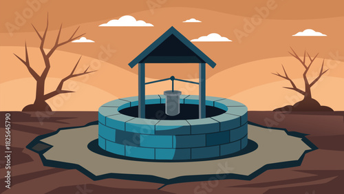 Dry well in arid landscape illustration: water scarcity crisis Vector, illustration