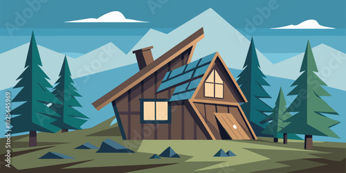 Cozy a frame mountain cabin in forest landscape flat design vector Vector, illustration