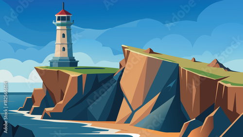 Lighthouse on coastal cliff   nautical seascape vector illustration Vector, illustration