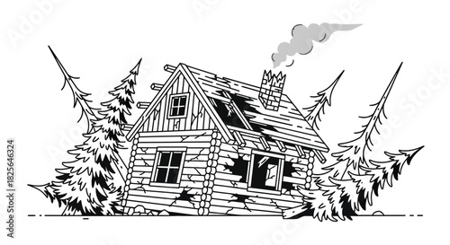 Eerie dilapidated log cabin forest line art vector Vector, illustration