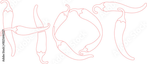 Red Outline of the Word HOT Formed by Stylized Chili Peppers on White Background