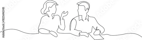 Dynamic single line drawing of business team brainstorming ideas, perfect for modern creative projects, conveying collaboration and minimalist design aesthetics, elegant and professional
