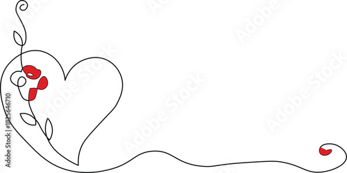 Elegant single line drawing of heart and flower for Valentine's Day design projects, minimalist love concept with romantic floral accents, perfect for invitations or cards
