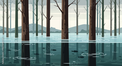 Flooded forest illustration with submerged trees and fish Vector, illustration