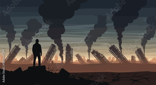 Post apocalyptic ruined city: lone survivor in environmental disaster Vector, illustration