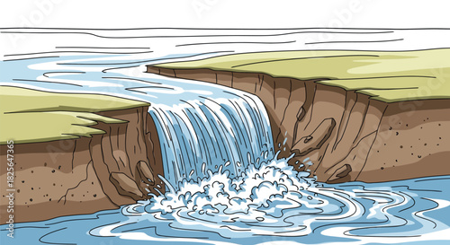 Vibrant cartoon waterfall illustration: water flowing over cliff Vector, illustration