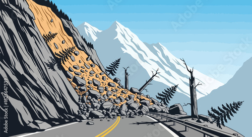 Dynamic landslide blocking mountain road, natural hazard illustration Vector, illustration