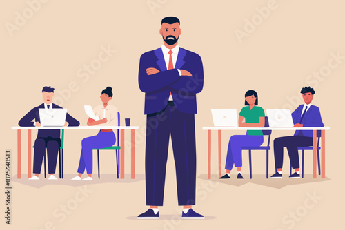 Confident business leader overseeing team at work in office