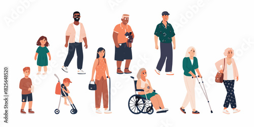 Diverse group of people with disabilities and various ages on white background