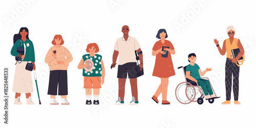 Diverse group of people with disabilities and different ethnicities standing together
