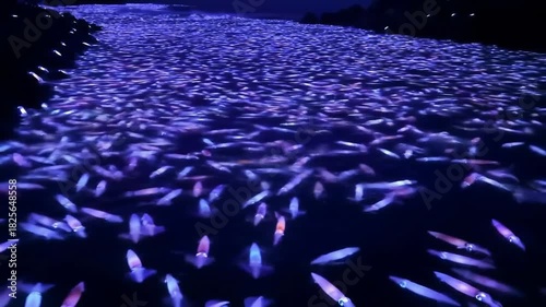 Glowing squid swim en masse through the ocean at night, forming a blue wave effect, for design