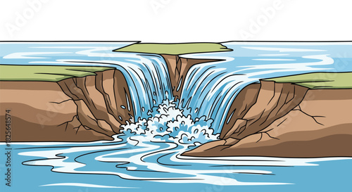 Dynamic cartoon waterfall landscape with cliff and island Vector, illustration