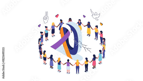Symbolic Circle of People Embracing Purple Ribbon Promoting Awareness and Unity