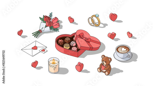 An isometric collection of romantic gifts and symbols for Valentine's Day celebration on a white background