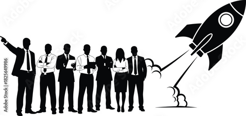Business team silhouette, leadership direction, rocket launch, innovation, teamwork, startup growth, success concept, black vector, ambition, future planning