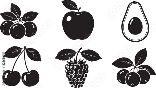 Set of black and white fruit icons