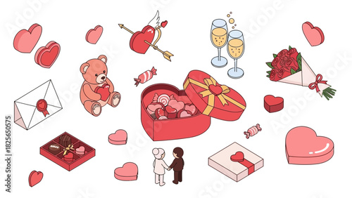 Valentine's Day romantic icons and illustrations hearts, gifts, teddy bear, champagne, and love symbols
