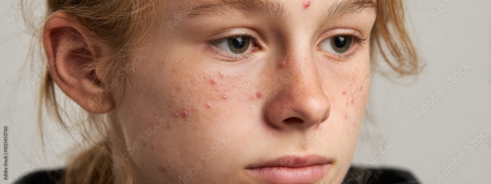 Fototapeta premium Close-Up Portrait of a Young Teenager with Acne in Natural Light, Capturing Raw Emotion and Authentic Expression