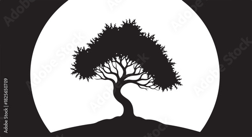 Silhouette of a stylized bonsai tree against a bright full moon