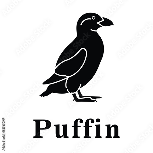Black silhouette of an atlantic puffin, a beautiful seabird, in profile