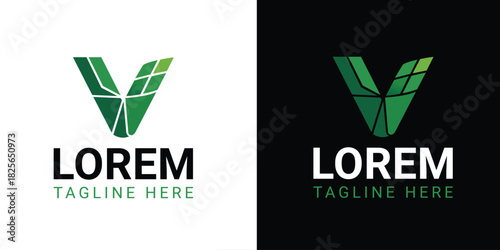 Green V Letter Logo with Geometric Folds and Text on White and Black Backgrounds