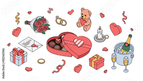 Romantic celebration elements in an isometric 3D style for Valentine's Day, wedding, or anniversary designs